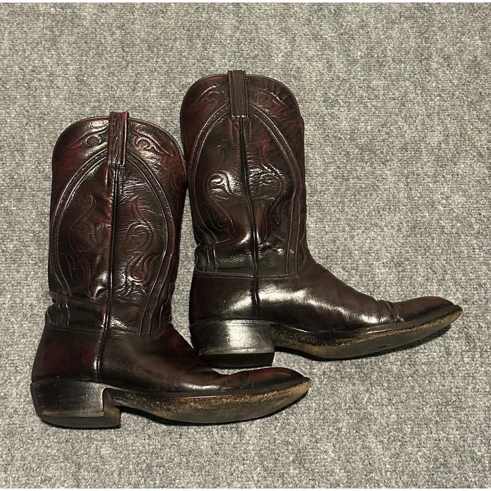 VTG Lucchese Mens 9D Black Cherry Boots French Toe Goat Skin Leather 80s